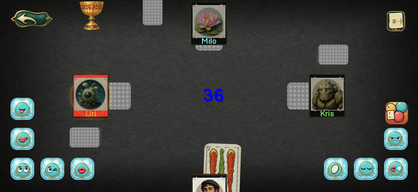 Basa de BriscaCard per a quatre jugadors amb les cartes jugades al centre