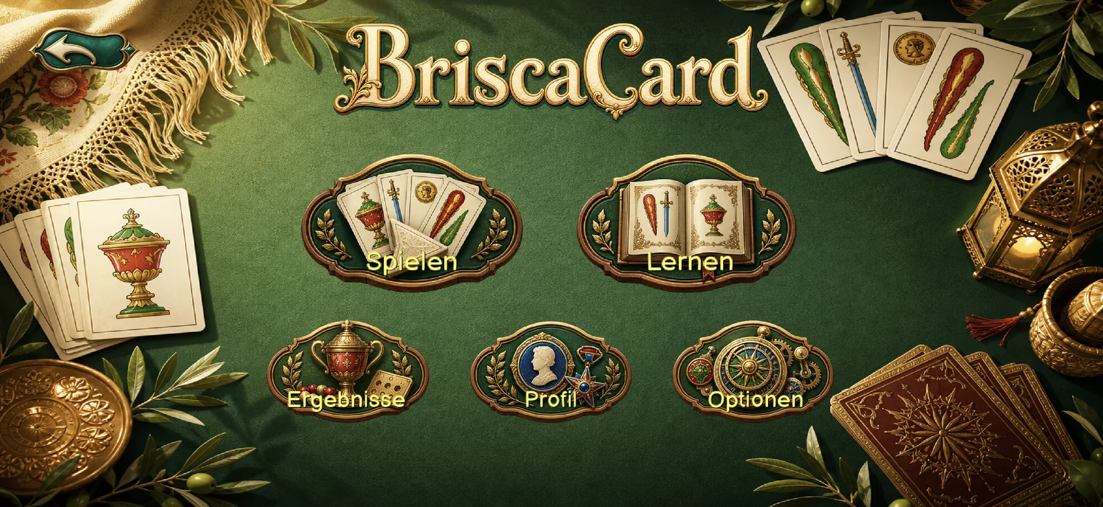 BriscaCard-Hauptmenü mit Zugriff auf Spielen, Lernen, Ergebnisse, Profil und Optionen