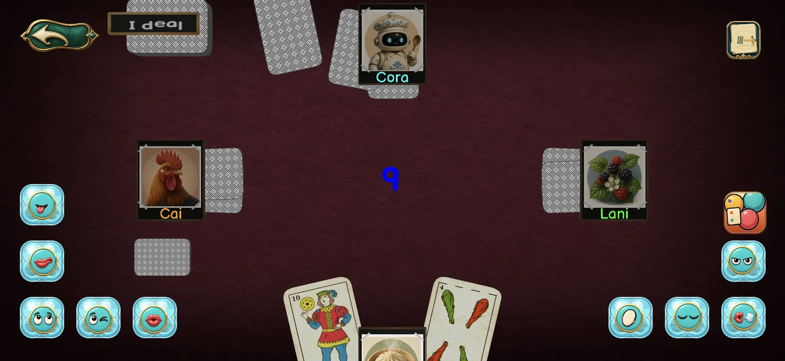 A four-player BriscaCard match with the Spanish deck, table and trump card
