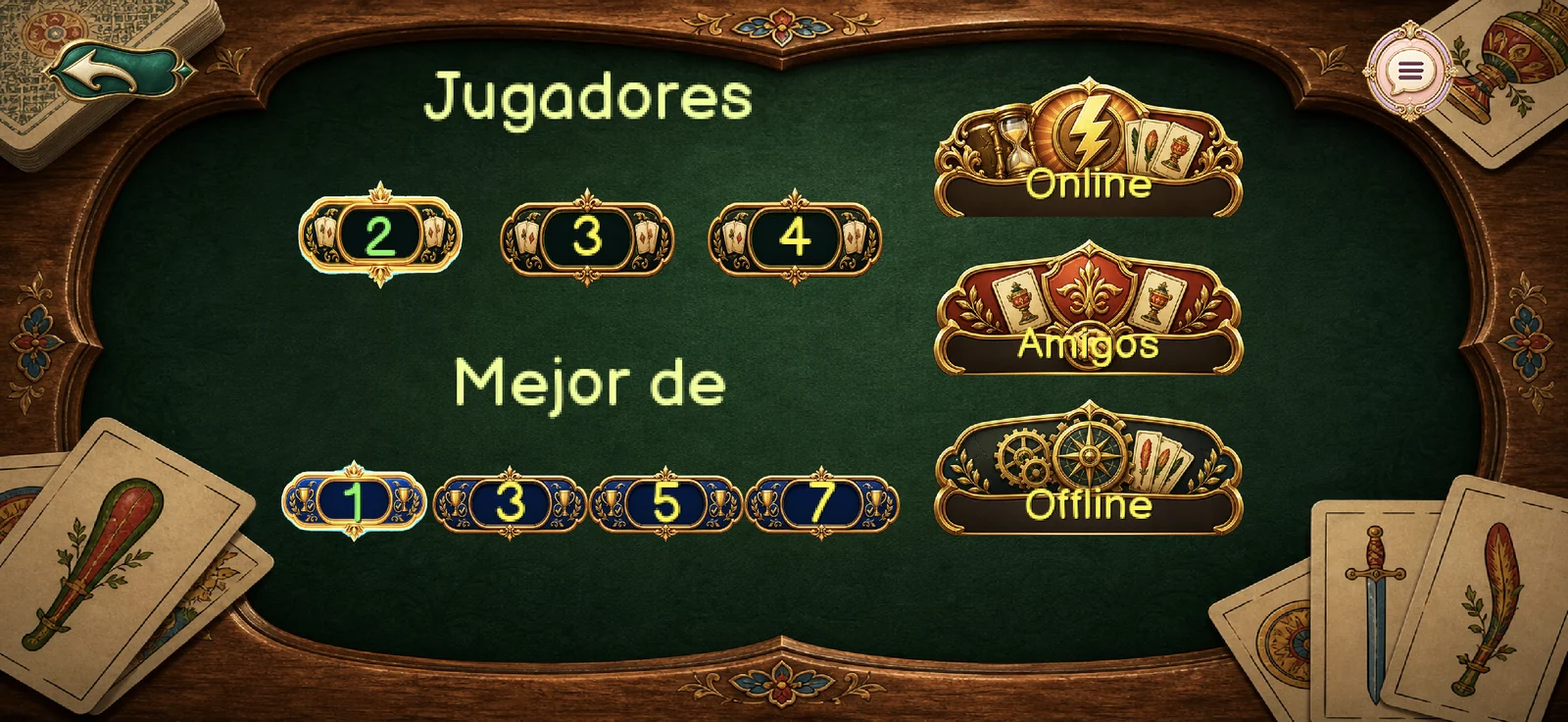 BriscaCard game-selection screen with table and match configuration controls