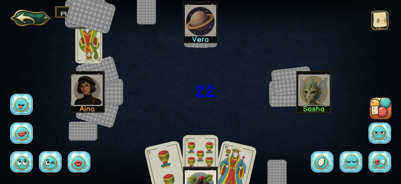 Partida de BriscaCard para cuatro jugadores con baraja española, mesa y triunfo