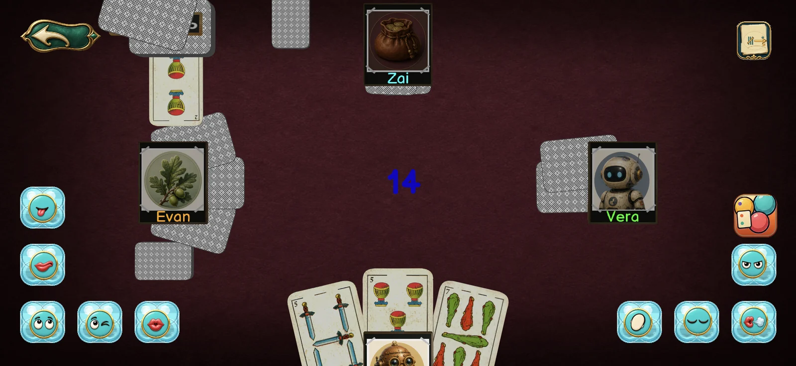 Partie BriscaCard à quatre joueurs avec cartes espagnoles, table et atout