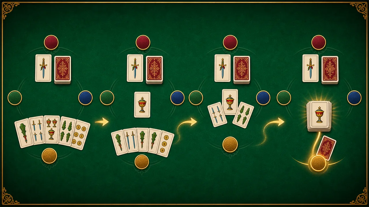 Four illustrated stages of a Brisca hand, from dealing to collecting the winning trick